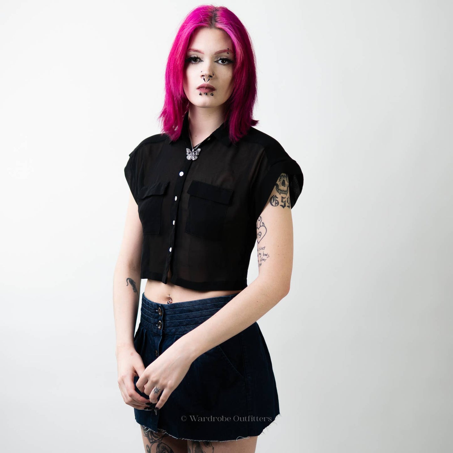 Black Cropped Sheer Short Sleeve Button Down - S
