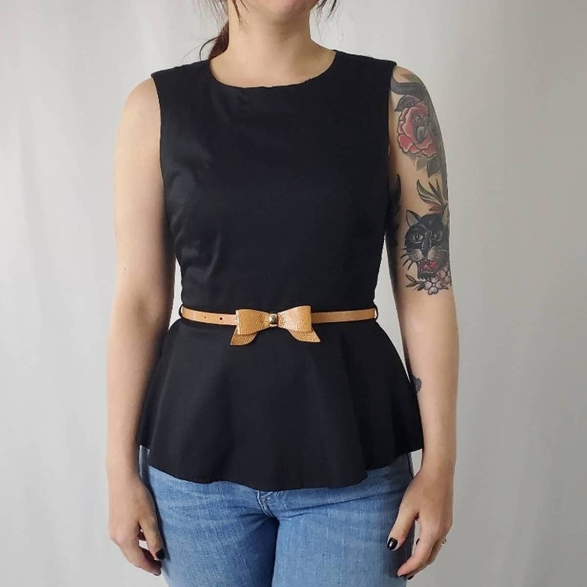 Belted Peplum Cut-out Back Blouse - S