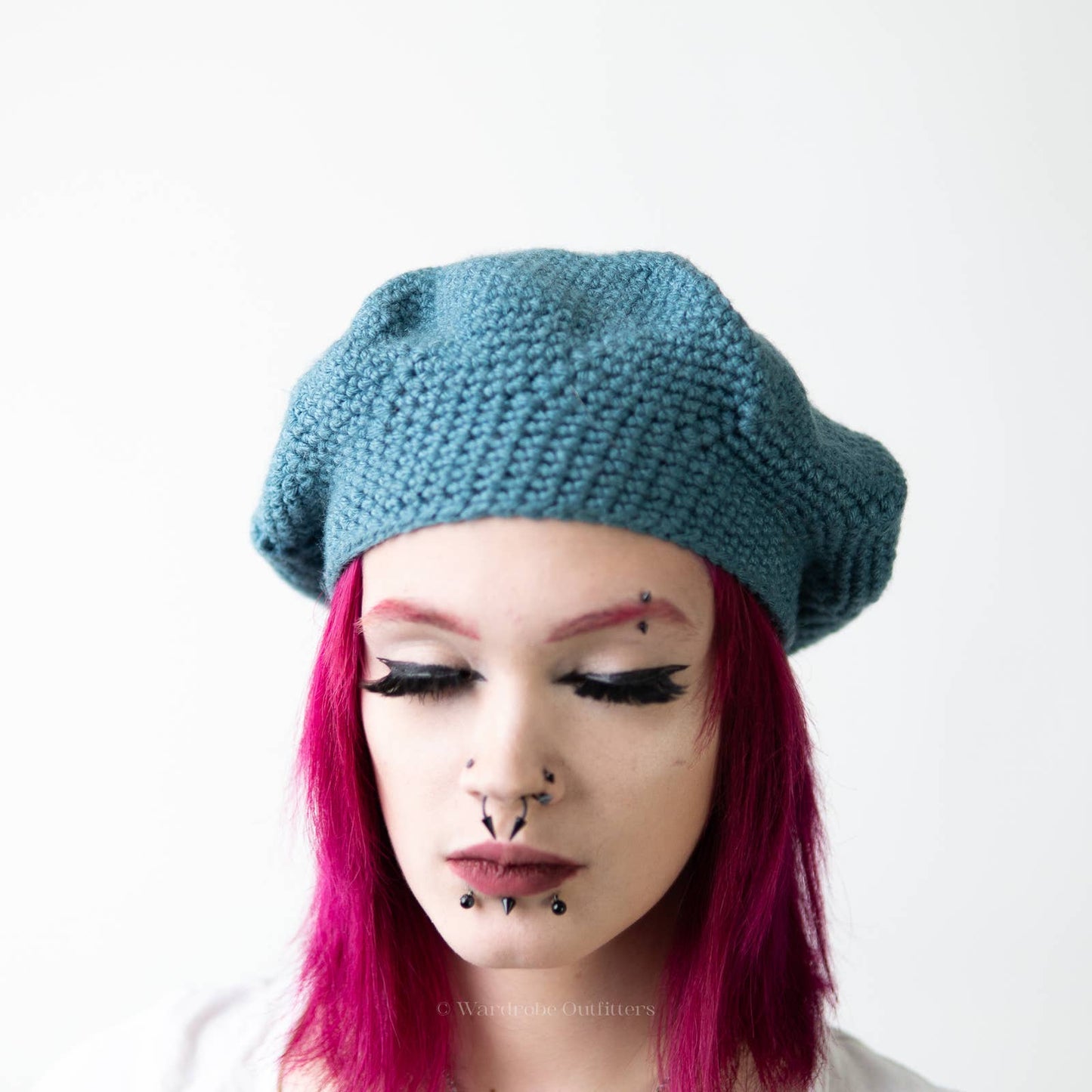 Handmade Crochet Knit Sky Blue Beanie Newsboy Cap & Fingerless Glove Set