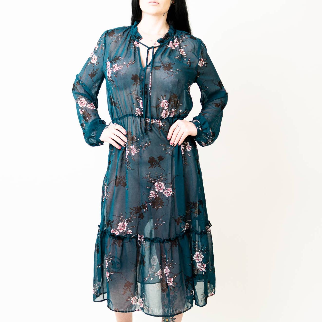 Lulus Newell Teal Green Sheer Floral Print Midi Dress - L