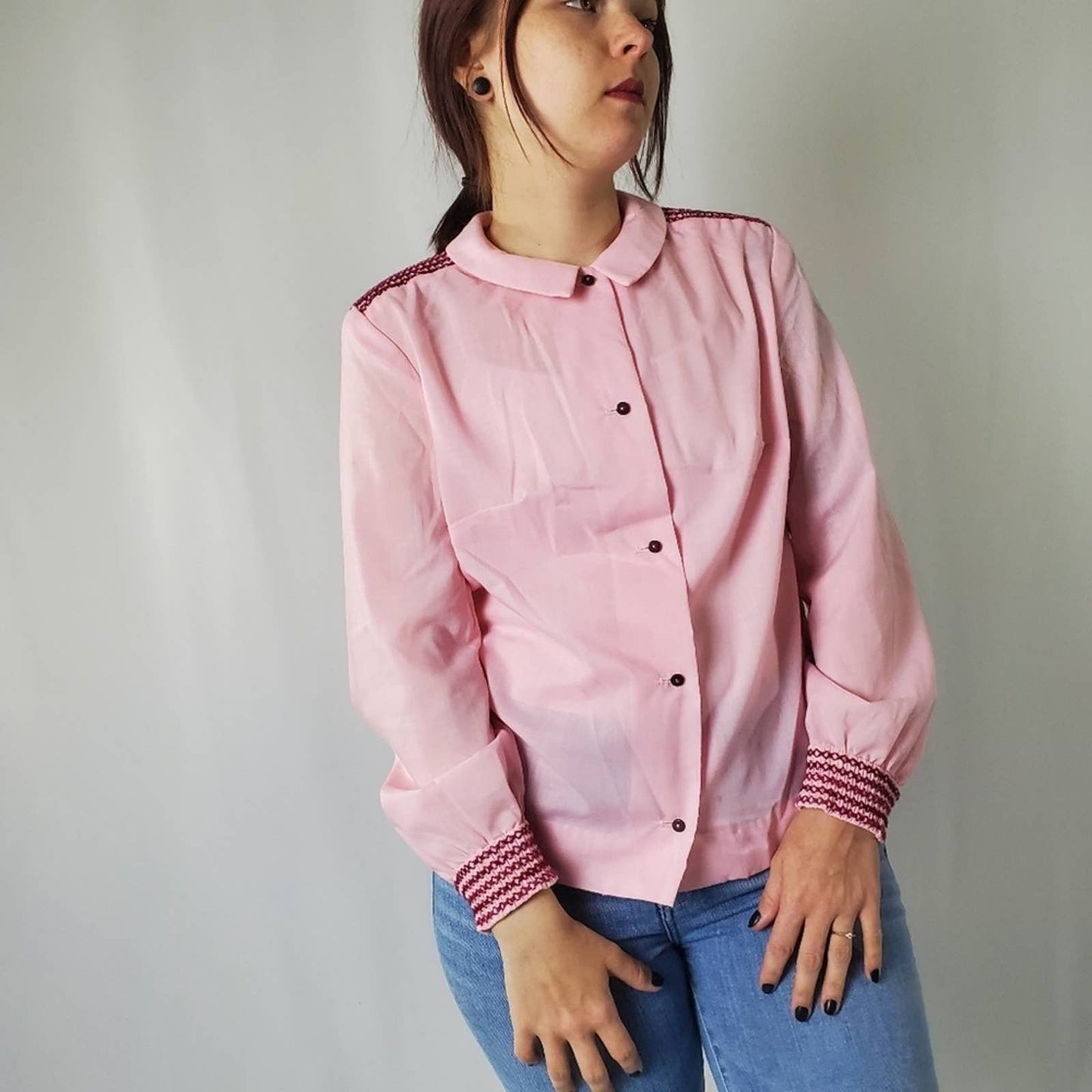 Vintage 70s Fritzi Of Cali Pink Embroidered Blouse - S