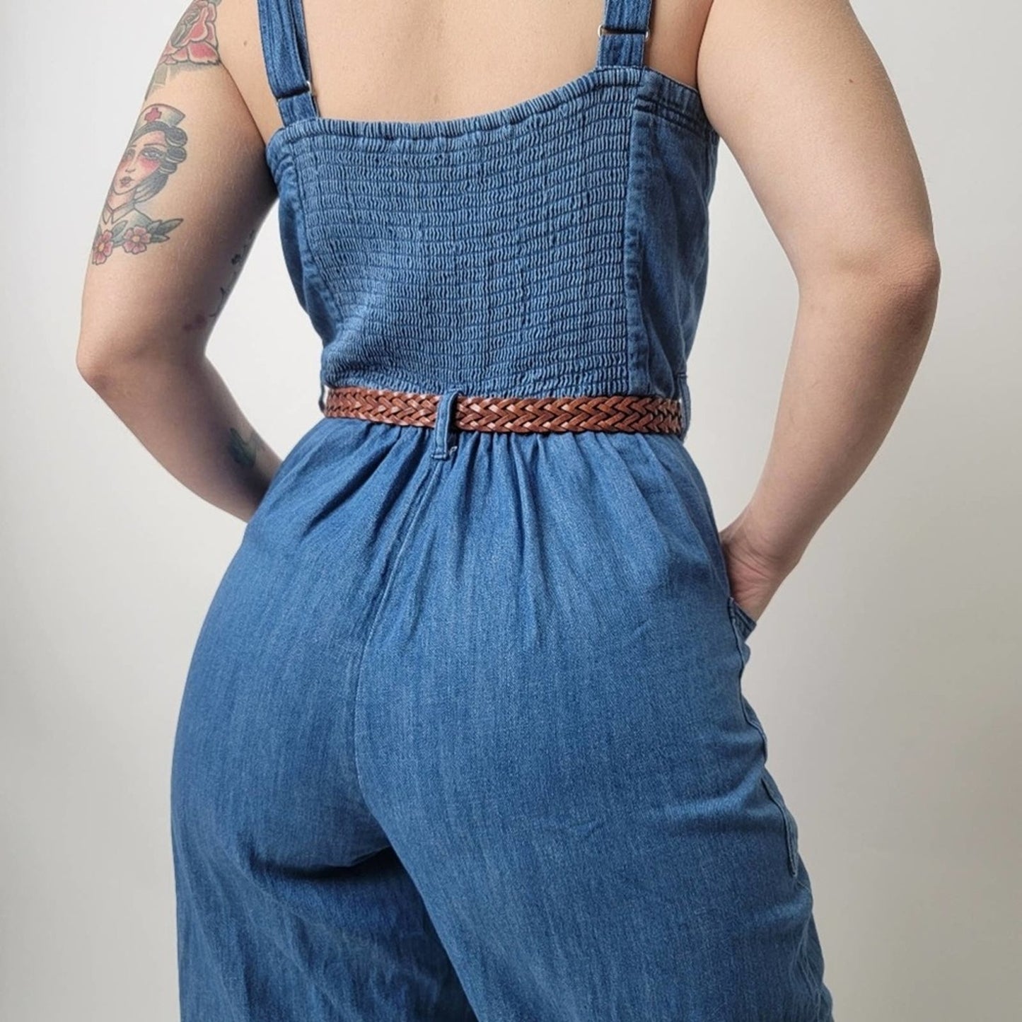 Wide Leg Denim Cropped Romper Jumpsuit - M