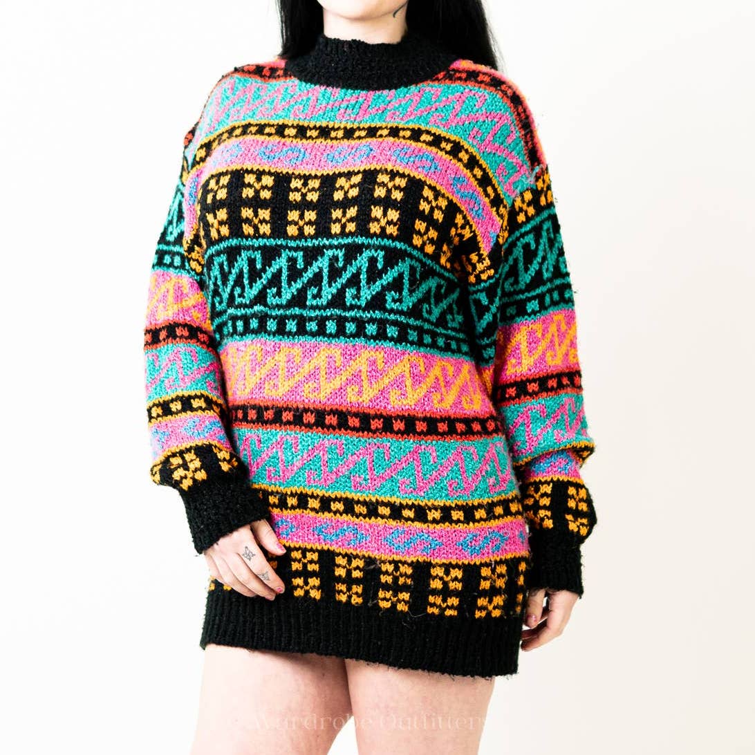 Vintage 90s Chunky Crochet Knit Multicolor Abstract Sweater Dress