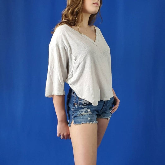 Free People Oversized Cream V-Neck 3/4 Sleeve Tee - L
