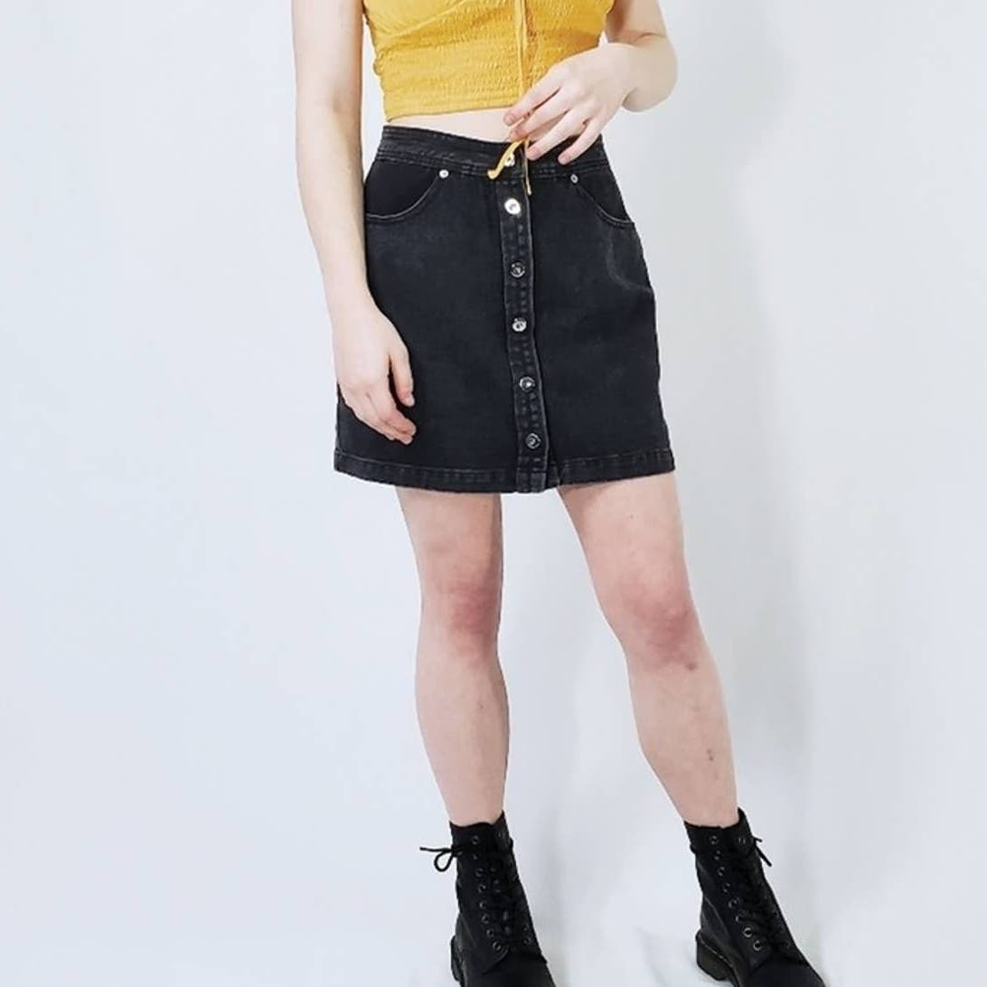 Honey Punch Button Front Black Denim Jean Skirt - S