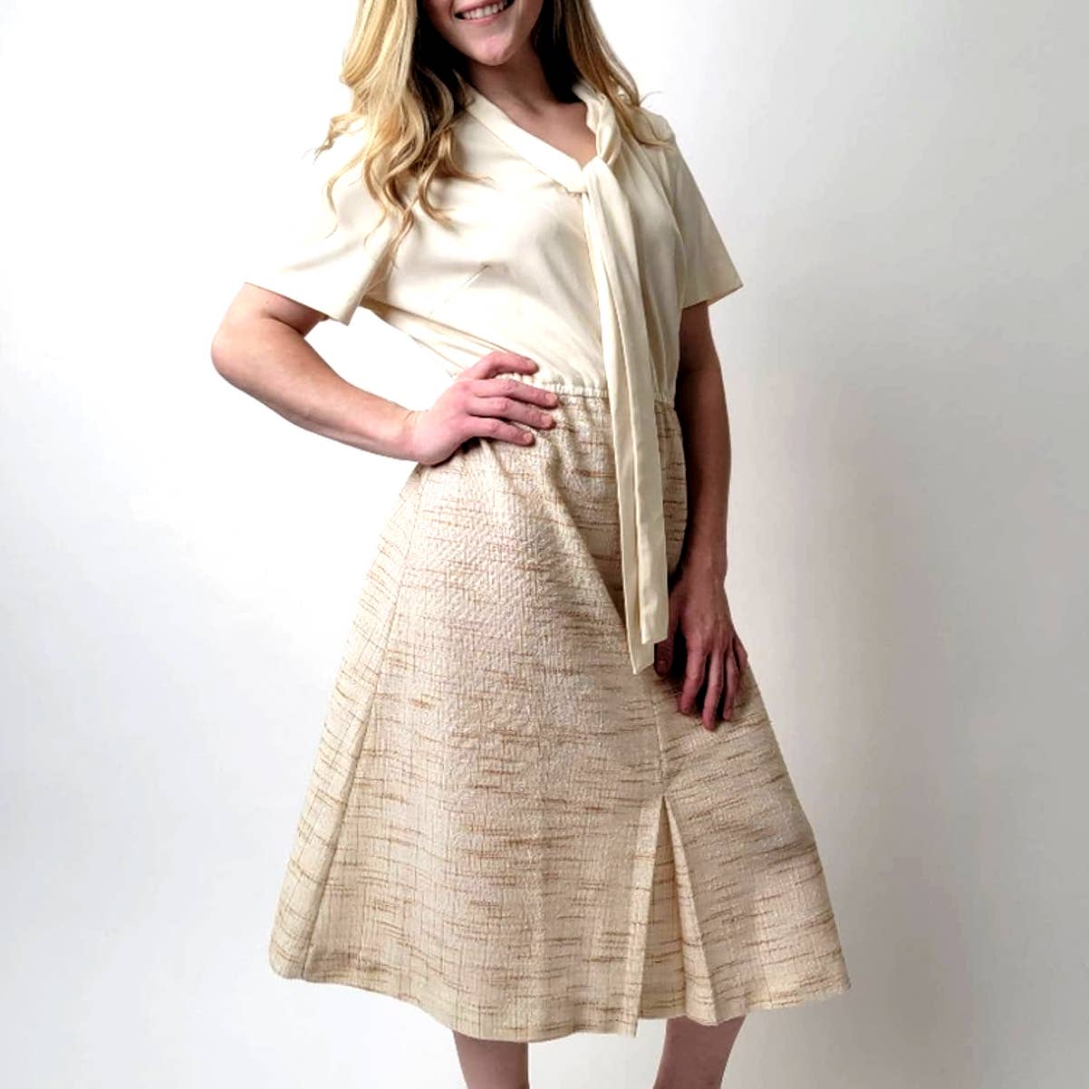 Vintage 60s Creamy Twill Midi Mod Dress