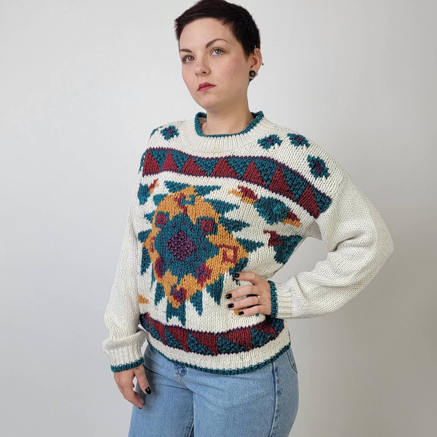 Vintage 1993 Crew Neck Chunky Knit Oversized Sweater - L