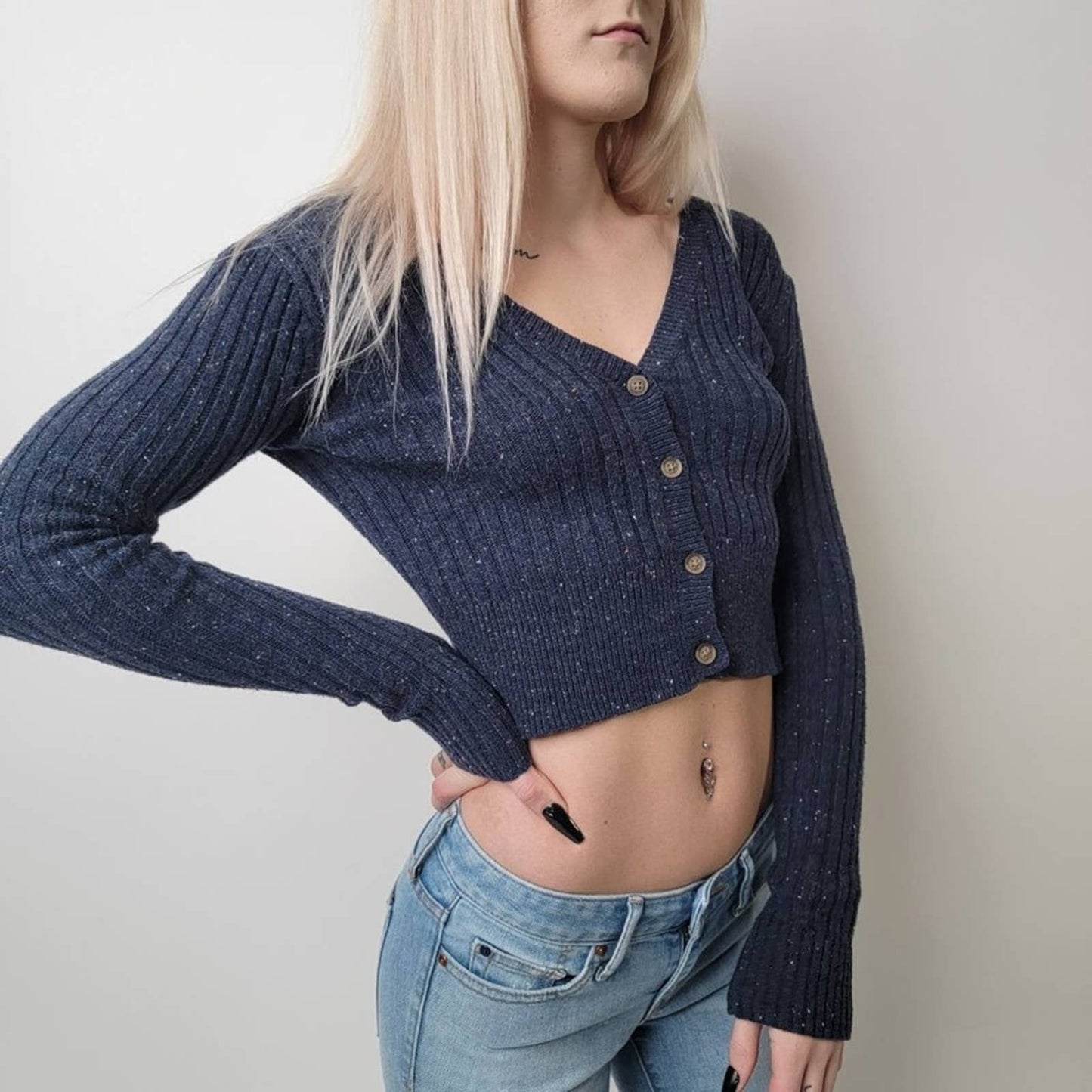 Prince & Fox Navy Cropped Ribbed Knit Cardigan - XS