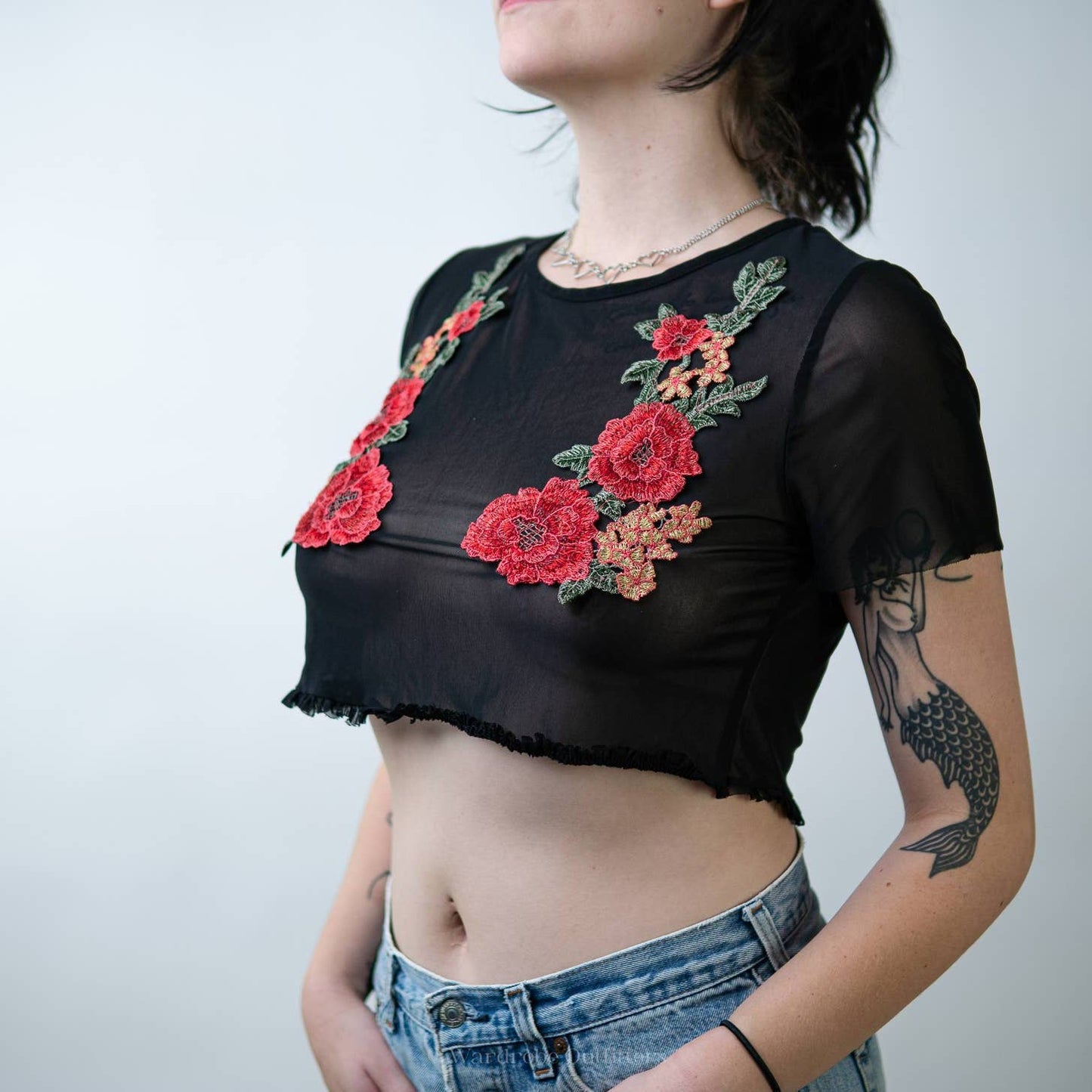 Embroidered Stitched Floral Rose See Through Sheer Mesh Rave Crop Top
