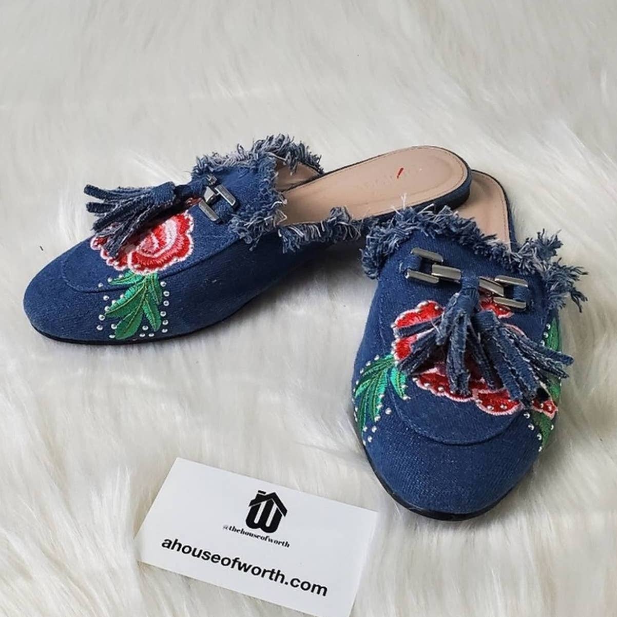 Blue Denim Aubree Embroidered Floral Slip On Mules - 7.5