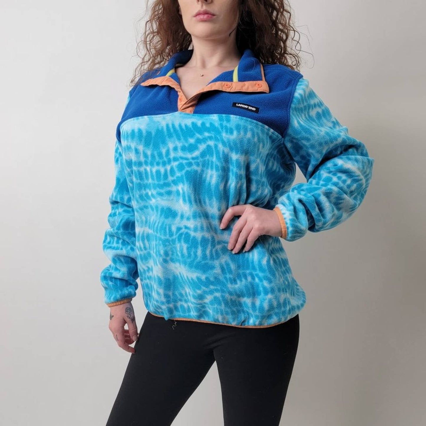 Land's End Tie Dye Ocean Blue Heritage Fleece Snap Neck Pullover Sweatshirt - L