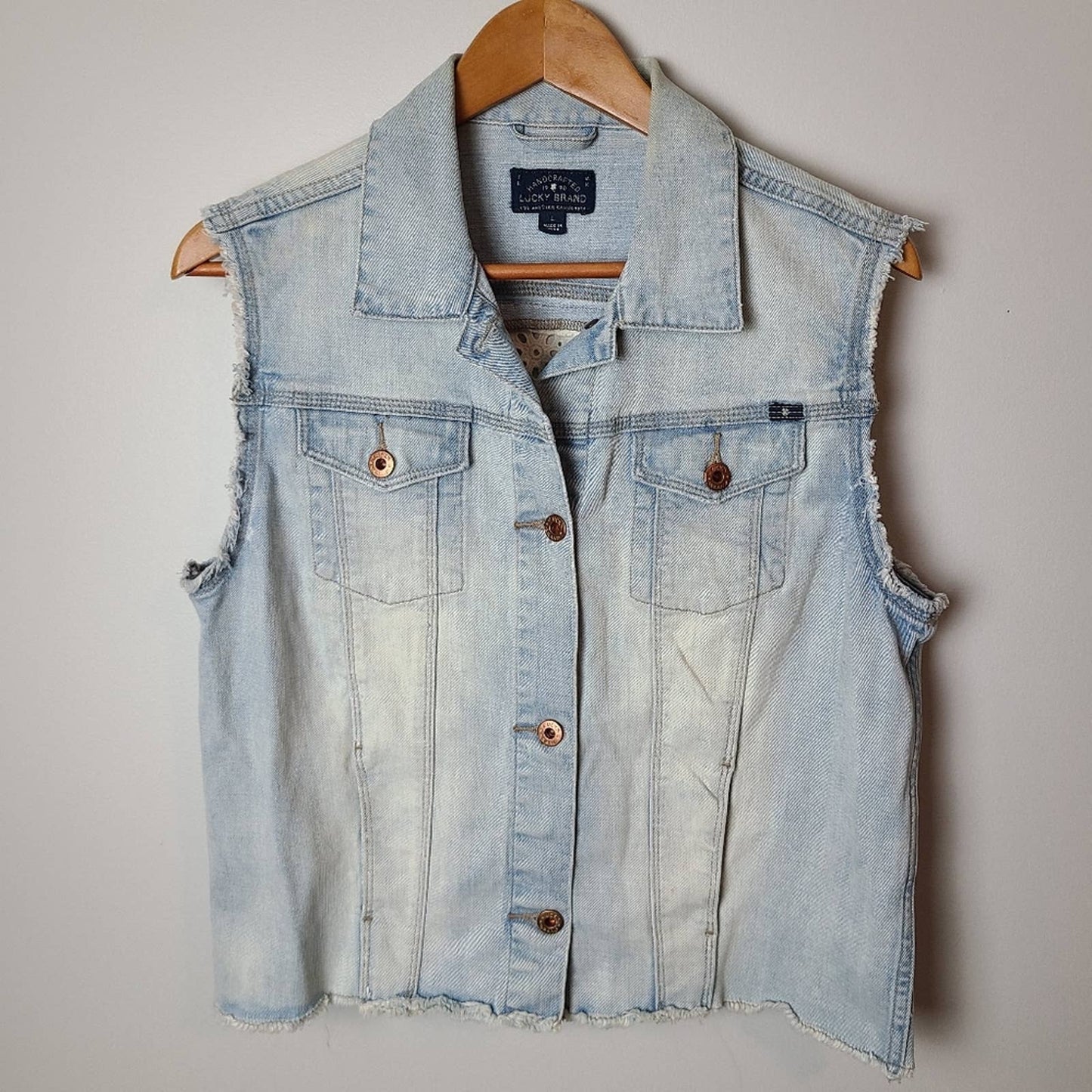 Lucky Brand Cutoff Stone Wash Lace & Denim Jean Vest - L