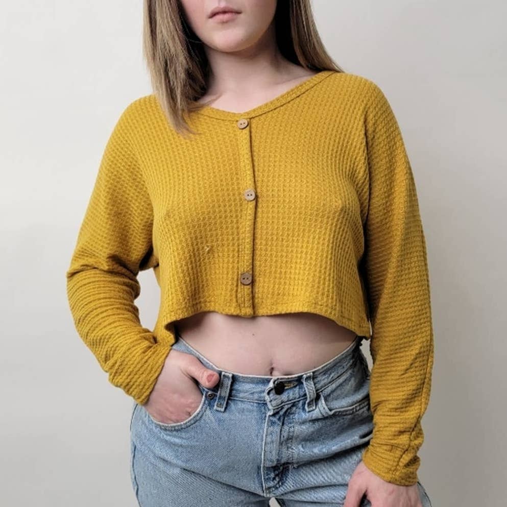 Cropped Waffle Weave Mustard Yellow Flannel Shirt - M
