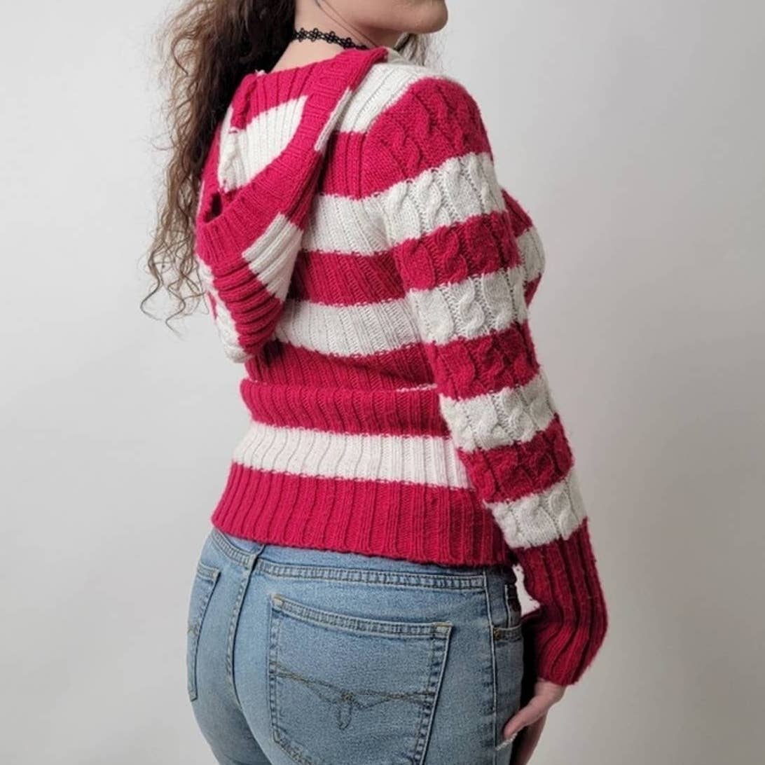 Aeropostale Y2K Hooded Striped Cable Knit Sweater - M