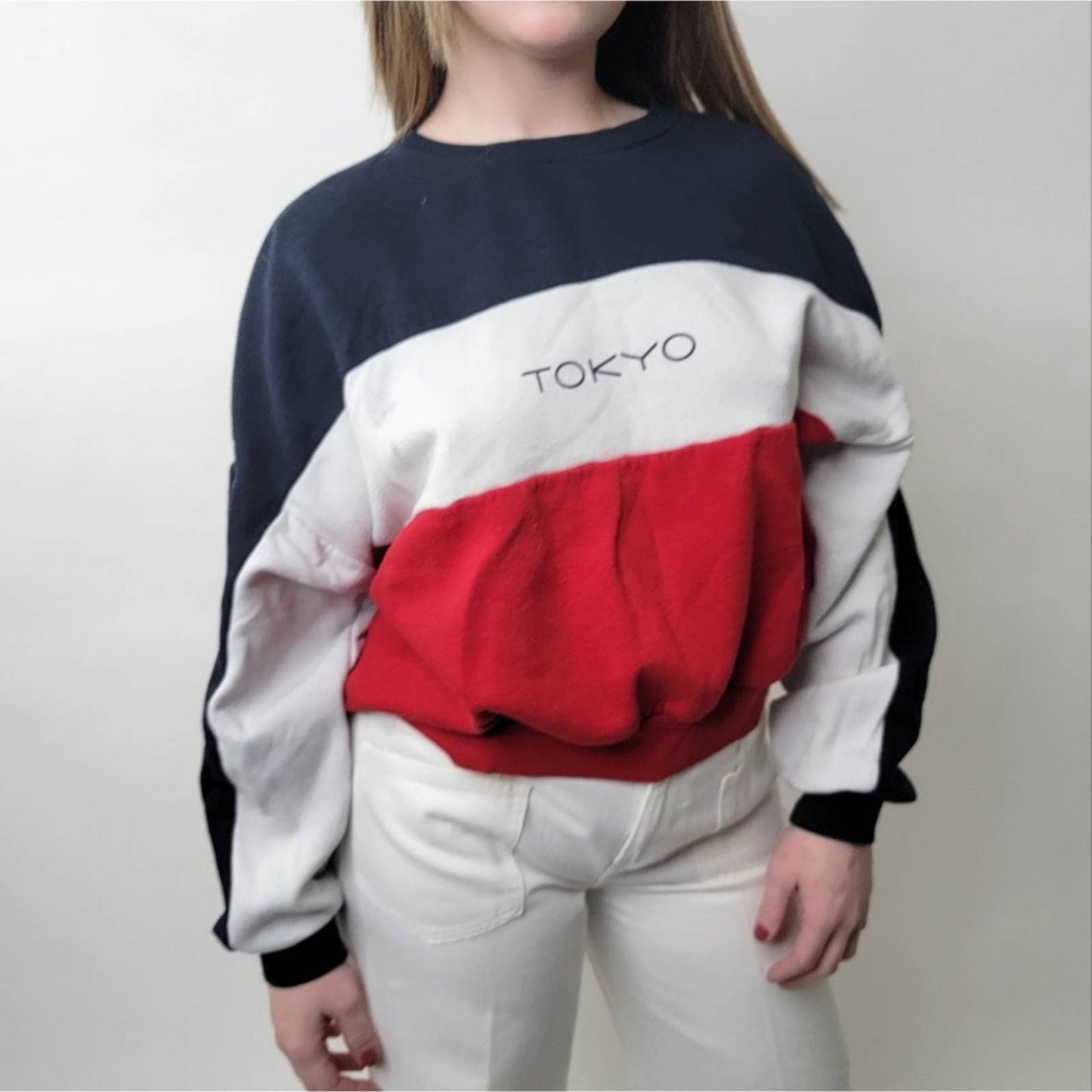 Red White & Blue Striped Colorblock 'Tokyo' Crewneck Sweatshirt - M