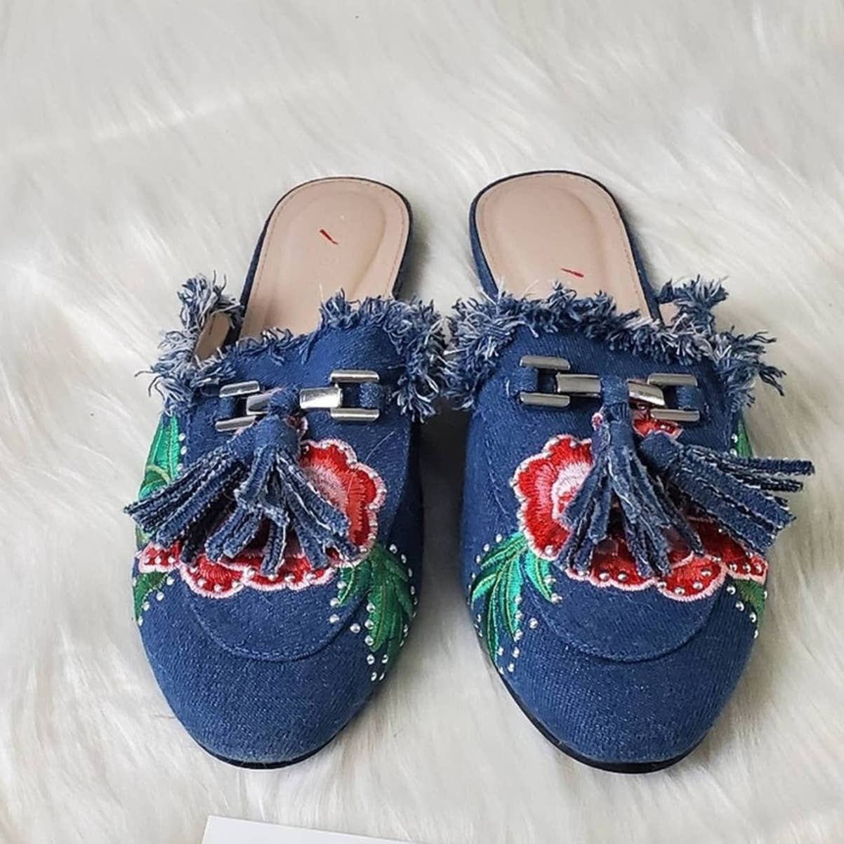 Blue Denim Aubree Embroidered Floral Slip On Mules - 7.5