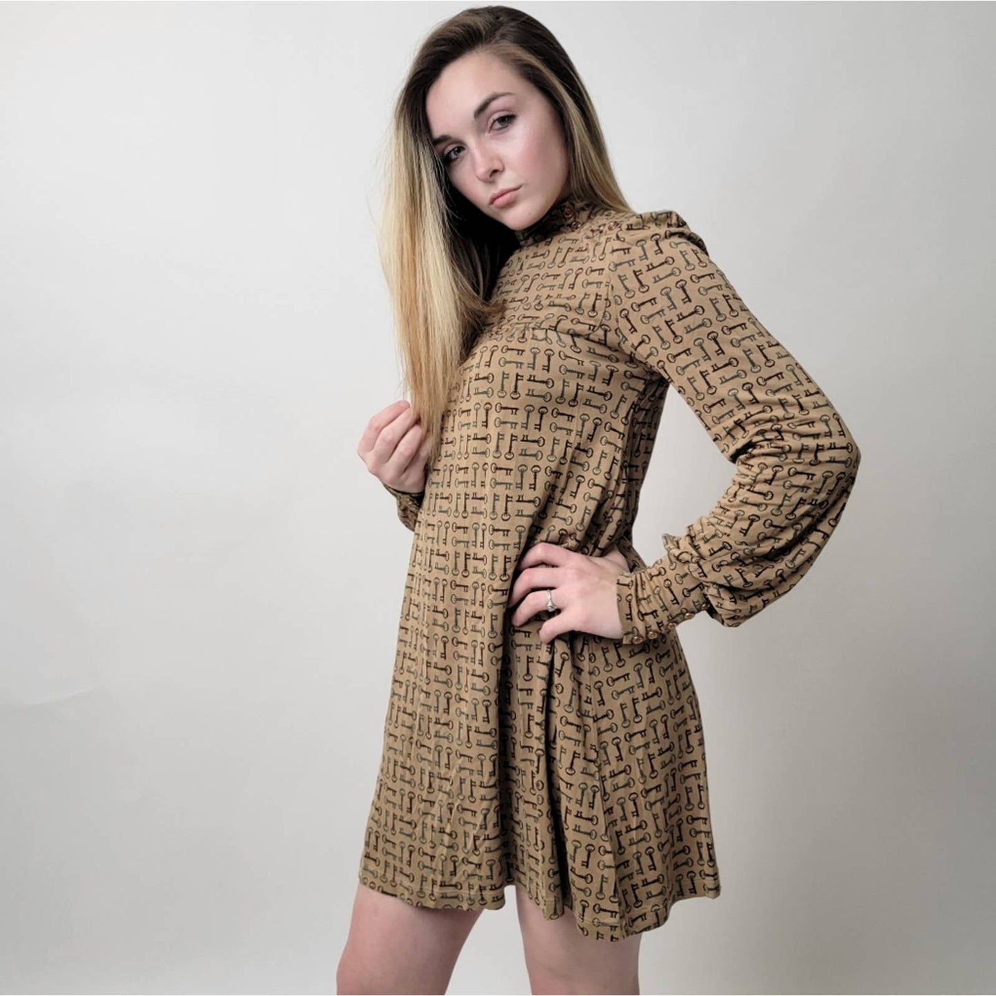 Juicy Couture Brown Silk Key Print Mock Collared Long Sleeve Mini Dress - S