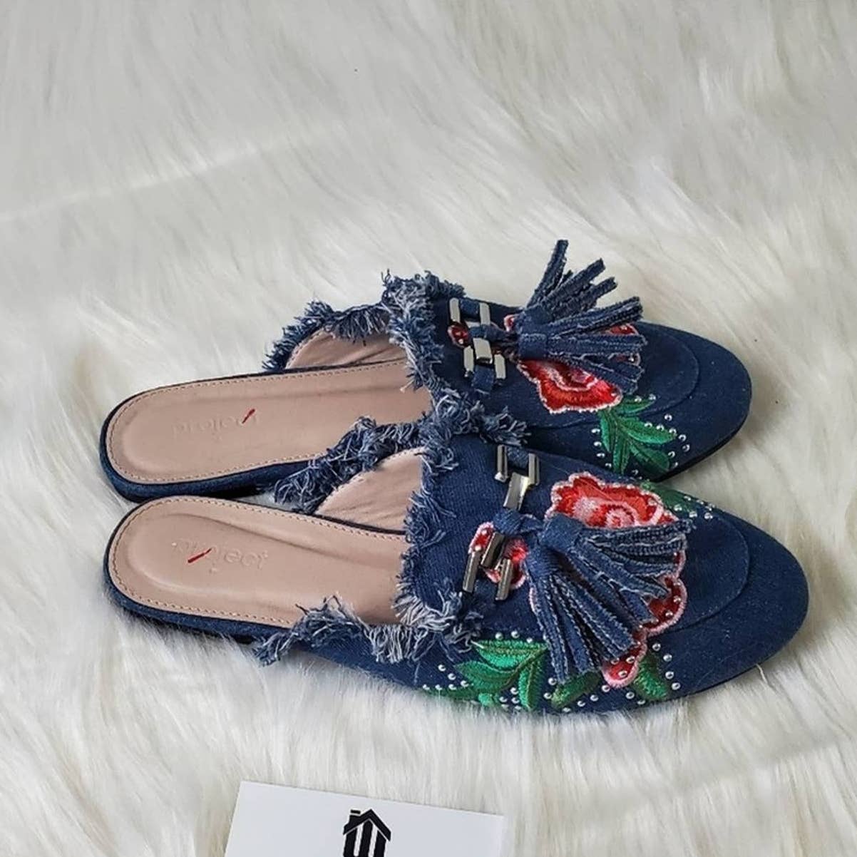 Blue Denim Aubree Embroidered Floral Slip On Mules - 7.5