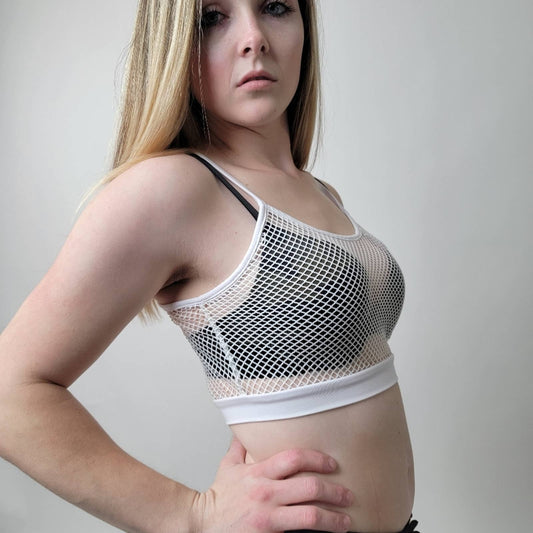 White fishnet crop tank top sheer mesh rave yoga