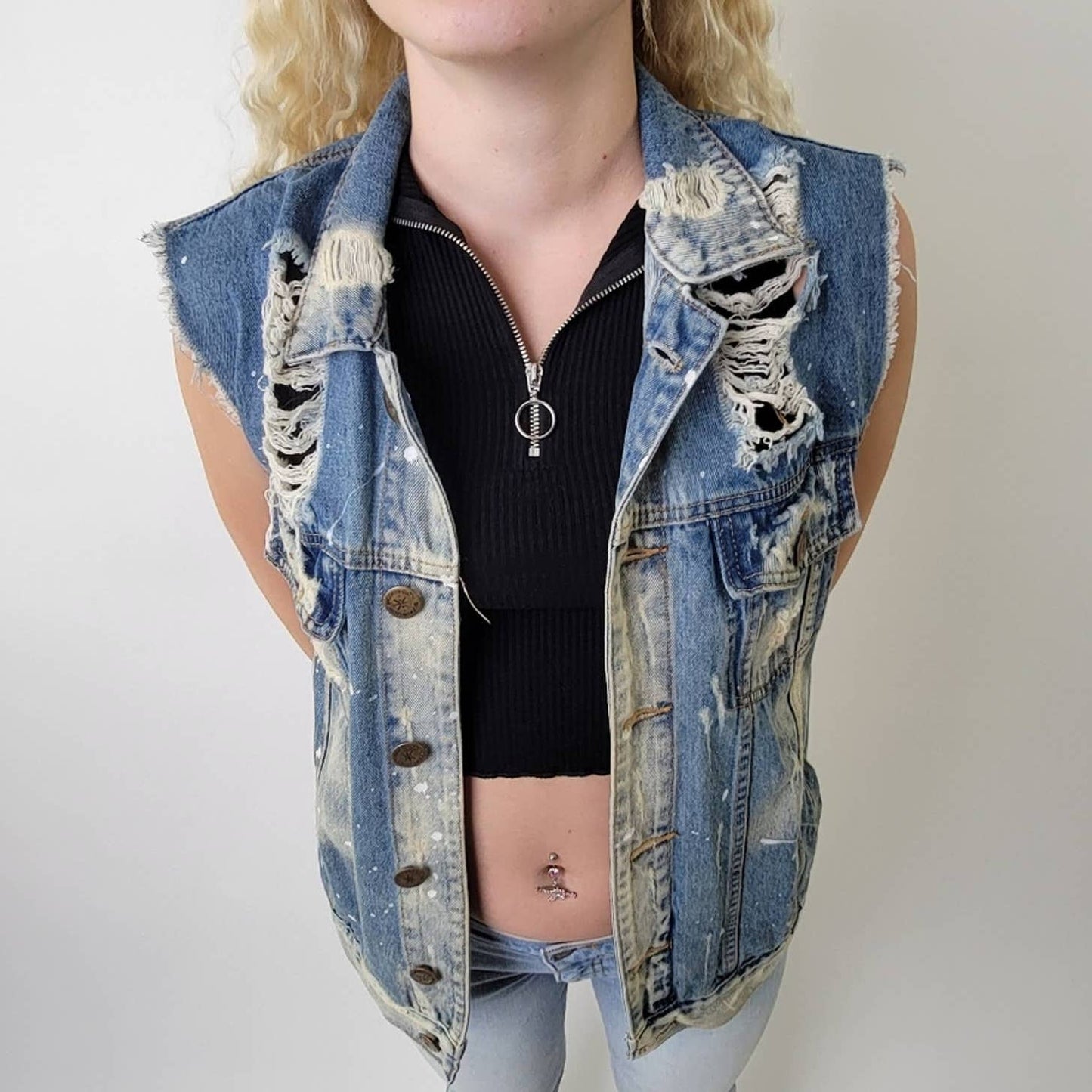 Acid Wash Distressed Denim Jean Vest by Brooklyn Cloth Co. -  S