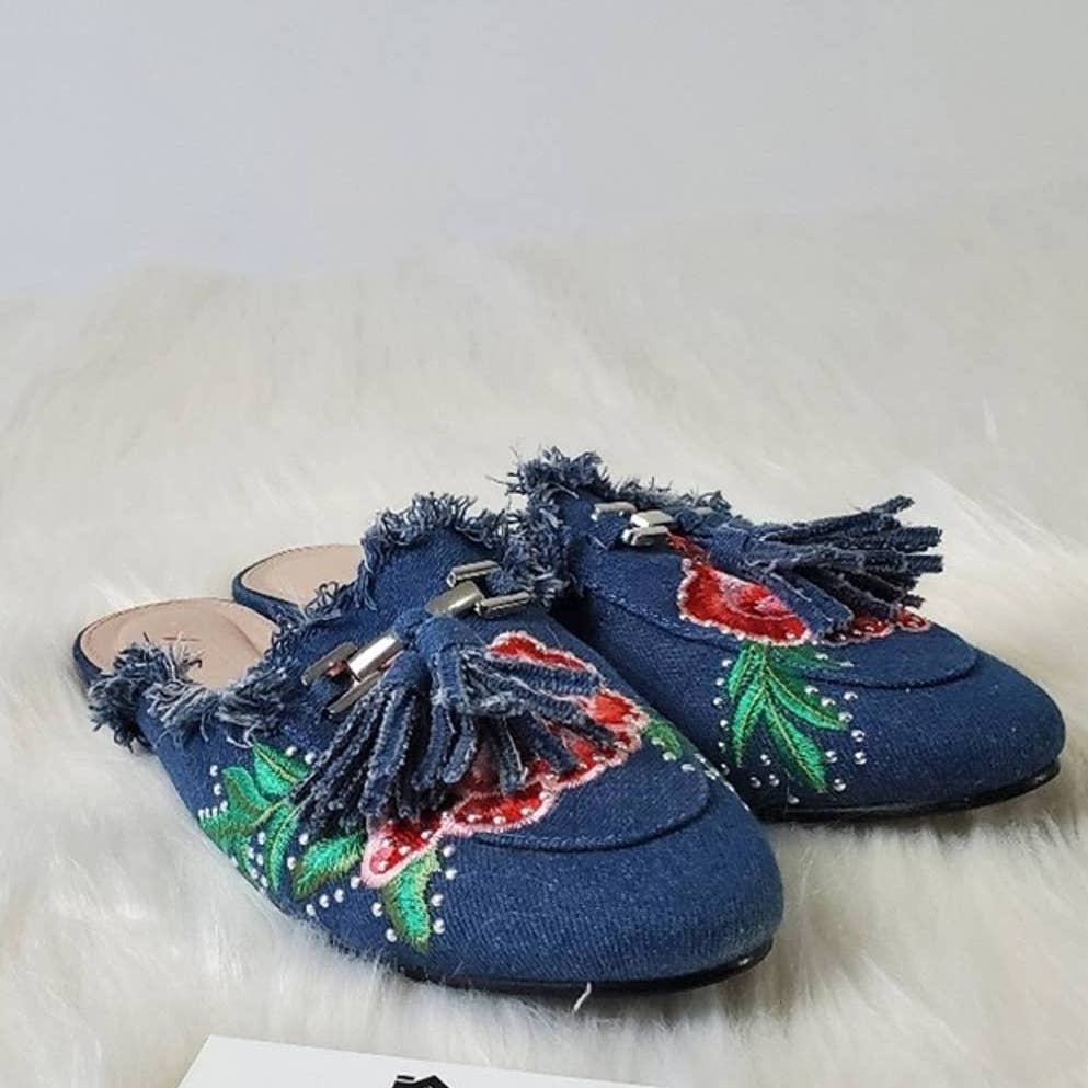 Blue Denim Aubree Embroidered Floral Slip On Mules - 7.5