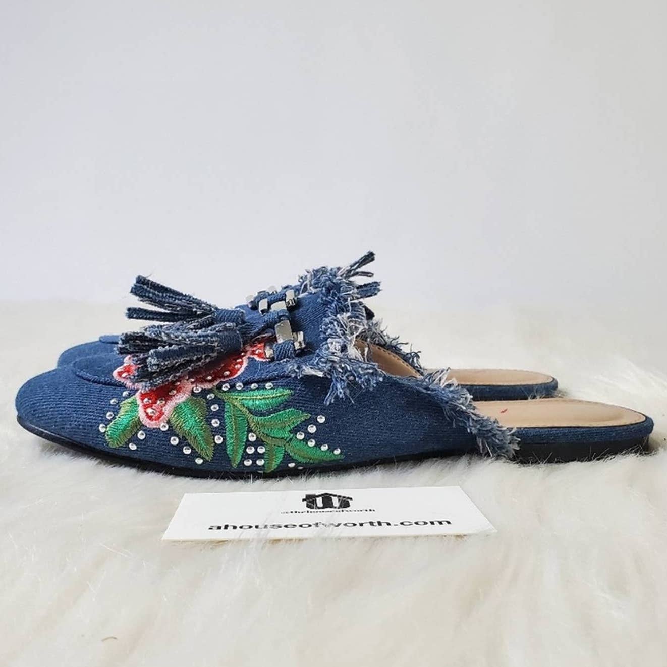 Blue Denim Aubree Embroidered Floral Slip On Mules - 7.5