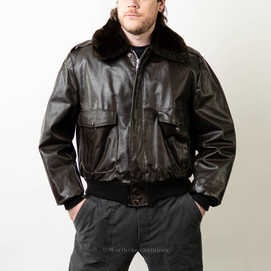 Vintage 70s Excelled Brown Leather Aviator Bomber Heavy Lined Jacket