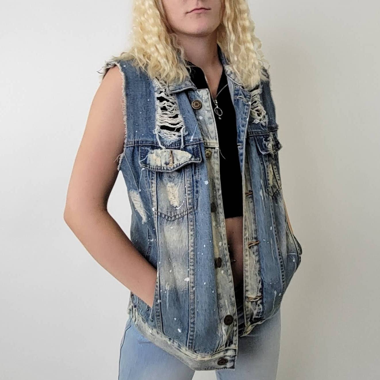 Acid Wash Distressed Denim Jean Vest by Brooklyn Cloth Co. -  S