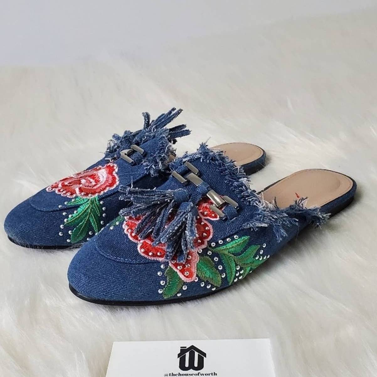 Blue Denim Aubree Embroidered Floral Slip On Mules - 7.5