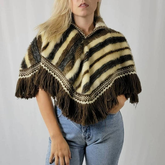 Vintage 70s Western Fur Fringe Poncho Bolero Fringe Collar / Shawl