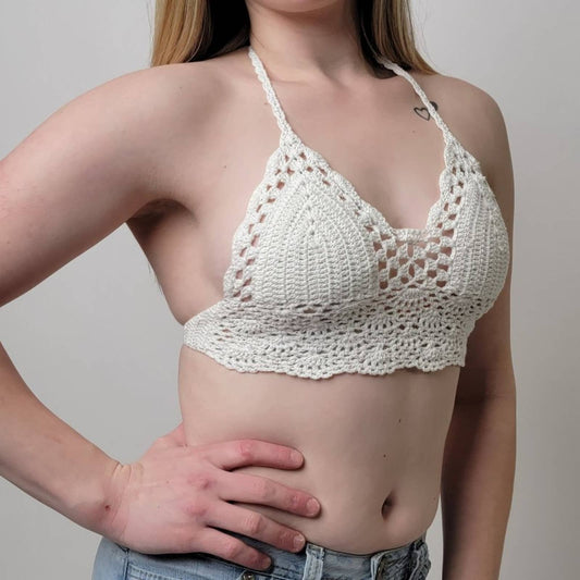 Cream White Crochet Lace Triangle Bralette Halter Top